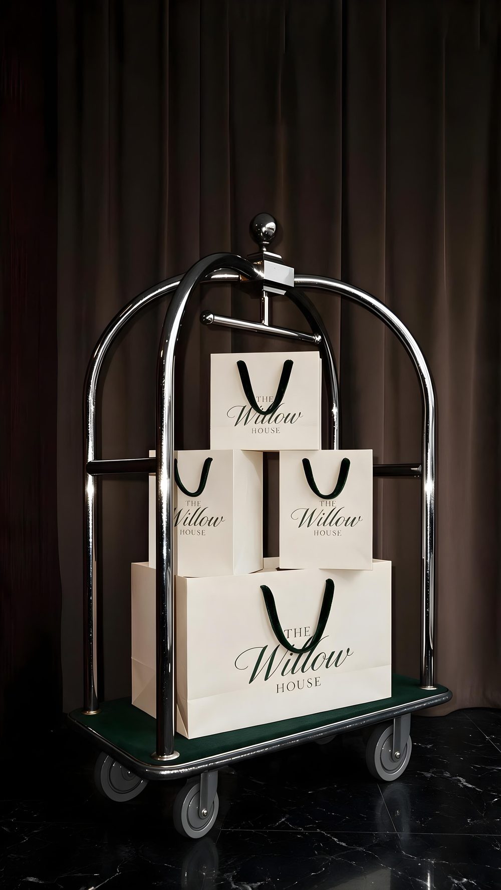 The Willow House luggage cart with branded bags